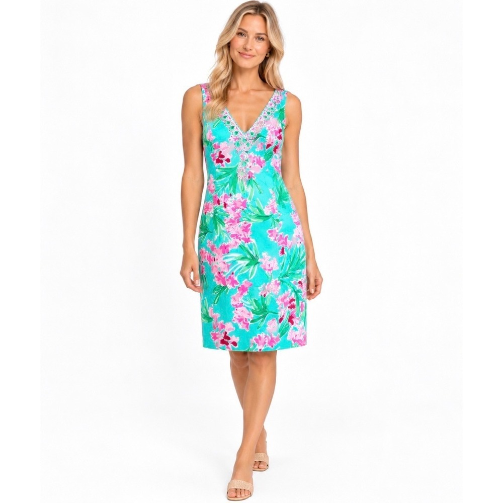 NWT Lilly Pulitzer Veya Stretch Shift Aqua Al Fresco Floral Dress Size 8 004921